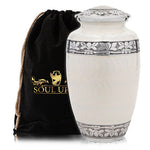 Load image into Gallery viewer, Elegant Pearl White Adult Cremation Urn with Polished Silver Accents - Modern Moonlit Serenity: White Urn with Silver Bands, a Beacon of Tranquil Remembrance
