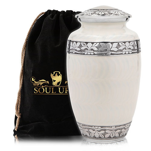 Elegant Pearl White Adult Cremation Urn with Polished Silver Accents - Modern Moonlit Serenity: White Urn with Silver Bands, a Beacon of Tranquil Remembrance