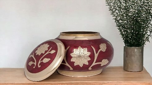 Red Cremation with Gold Flower - Funeral Urn for Human Ashes: Exquisite Handcrafted Brass Urn with Rose & Sunflower Design