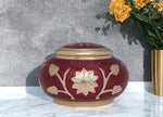 Load image into Gallery viewer, Red Cremation with Gold Flower - Funeral Urn for Human Ashes: Exquisite Handcrafted Brass Urn with Rose &amp; Sunflower Design
