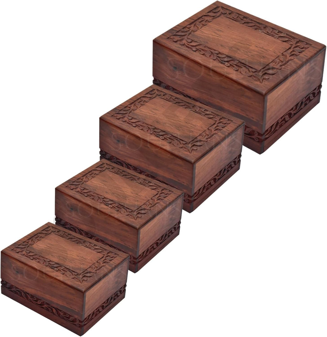 Border Engraved Rosewood Wooden Cremation Urn for Human Ashes Adult Male Female - Nested Set of 4 Urns - Fits For Cremation Homes & Funeral Directors