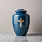 Load image into Gallery viewer, High-Quality Blue Metal Cremation Urn with Cross: Memorialise in Style Adult Urn
