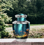 Load image into Gallery viewer, Sunset Meadows Enchanted Forest Urn - Handcrafted Orange Blossom Floral Engraved Cremation Urn For Ashes - Up to 200 Cubic Inches - Unique Adult Memorial
