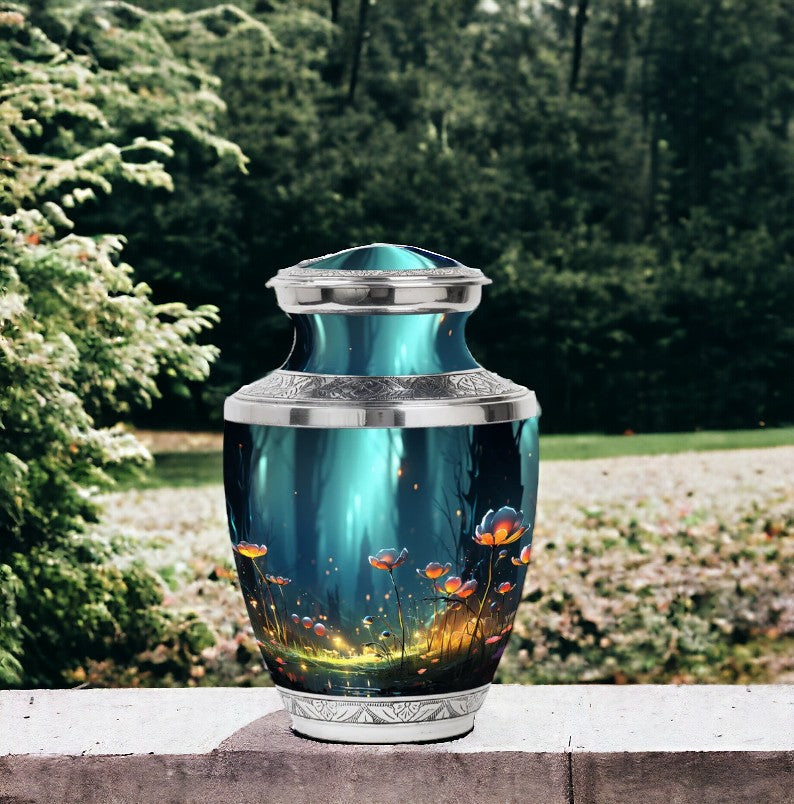 Sunset Meadows Enchanted Forest Urn - Handcrafted Orange Blossom Floral Engraved Cremation Urn For Ashes - Up to 200 Cubic Inches - Unique Adult Memorial