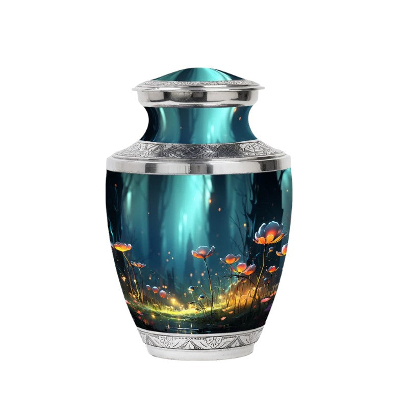 Sunset Meadows Enchanted Forest Urn - Handcrafted Orange Blossom Floral Engraved Cremation Urn For Ashes - Up to 200 Cubic Inches - Unique Adult Memorial