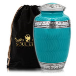 Load image into Gallery viewer, Teal Urn With Silver Band Adult Cremation Urns For Human Ashes With Velvet Bag
