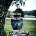 Load image into Gallery viewer, Snowy Night Owl Cremation Urns - Handmade Burial Urns for Ashes Handmade White Owl Cremation Urns   - 1-200 Cubic Inches
