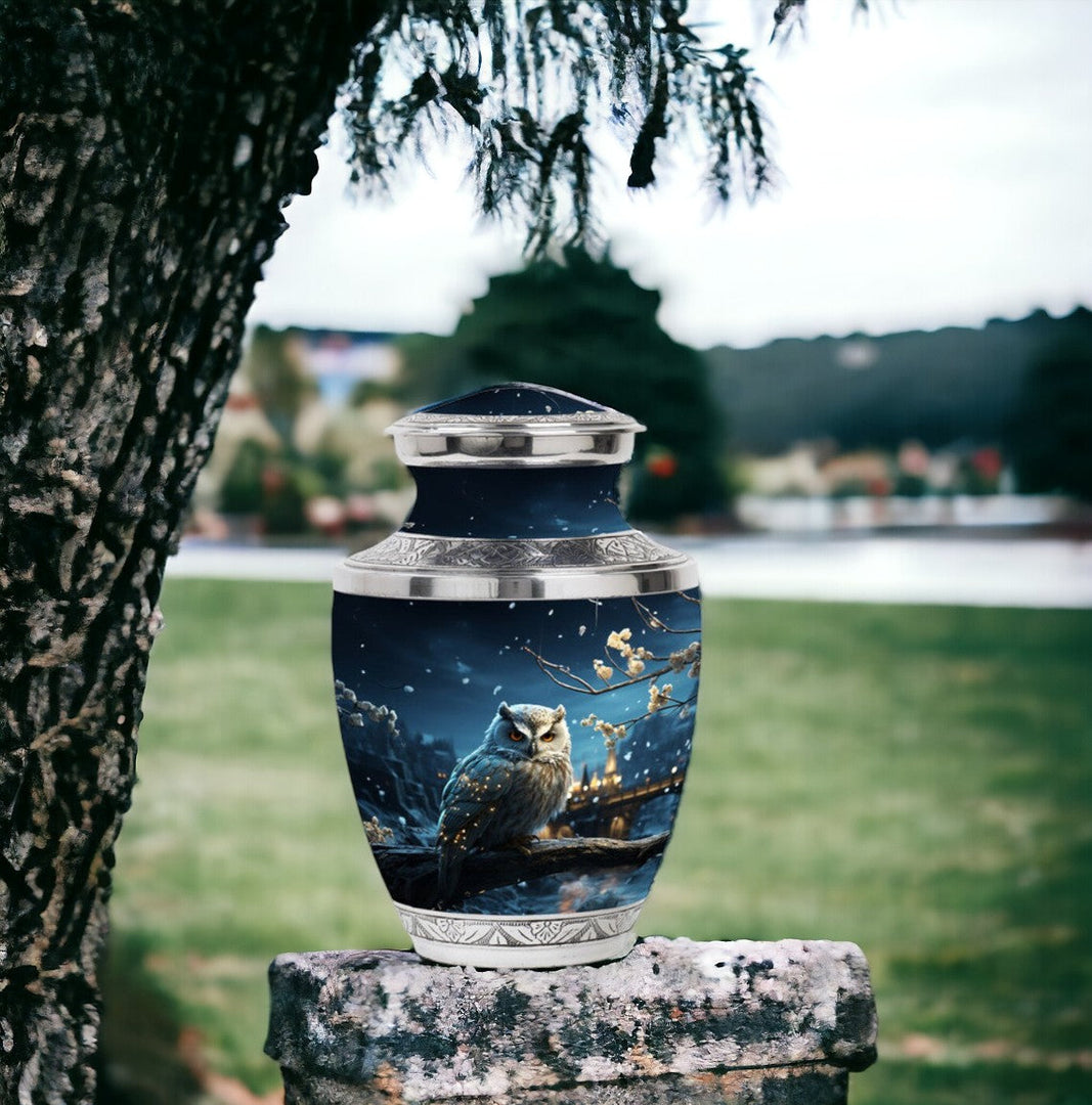 Snowy Night Owl Cremation Urns - Handmade Burial Urns for Ashes Handmade White Owl Cremation Urns   - 1-200 Cubic Inches